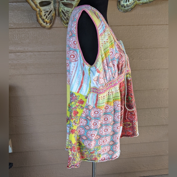 Caite Colorful Patchwork Sleeveless Tank Top with Embroidery Details - Picture 2 of 5